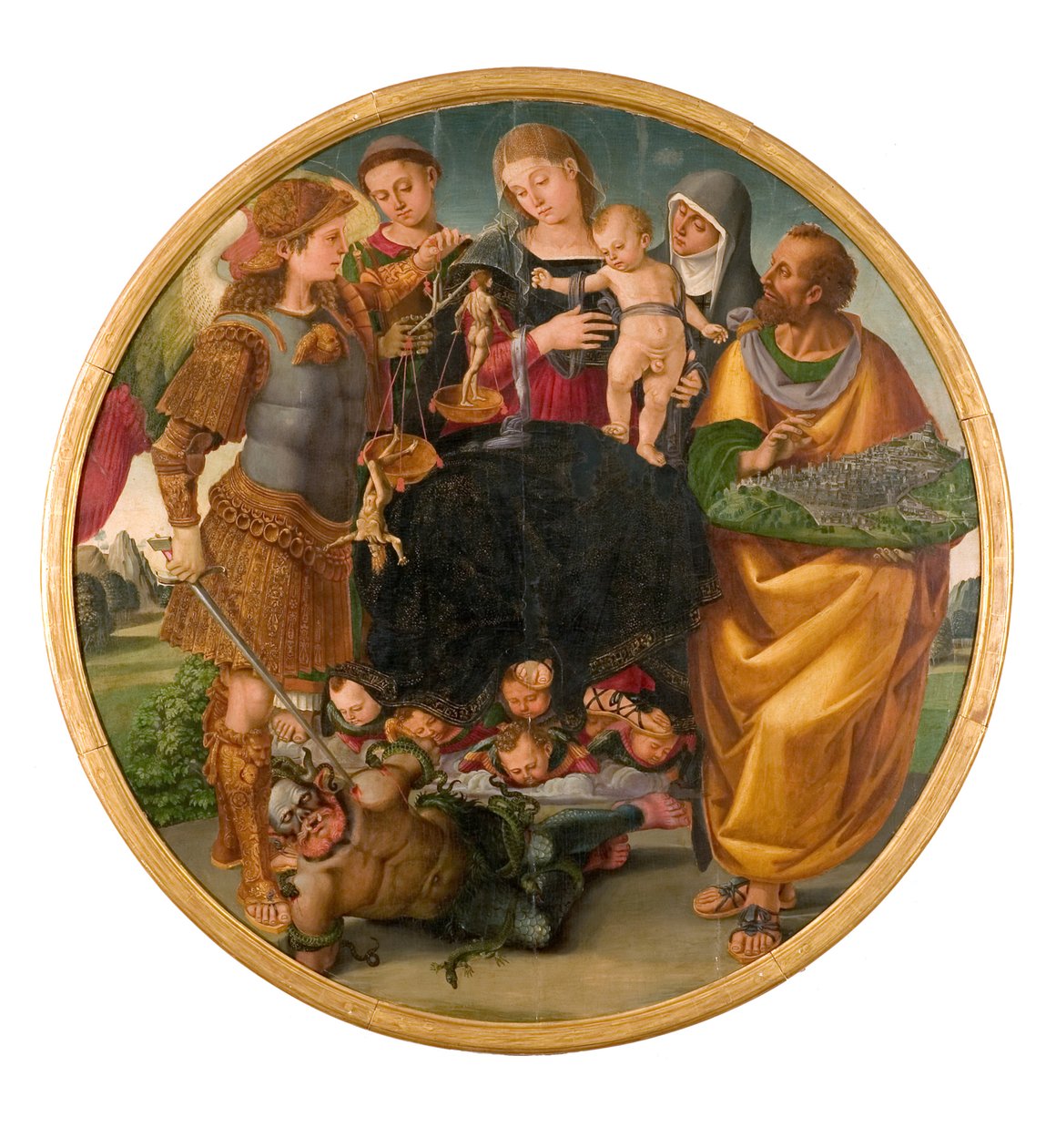 Madonna og barn mellem de hellige Tondo Signorelli, 1510-1515. af Luca Signorelli