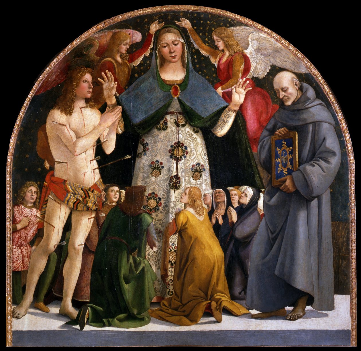 Madonna of Mercy og de hellige Sebastian og Bernardino da Siena, ca. 1490 af Luca Signorelli