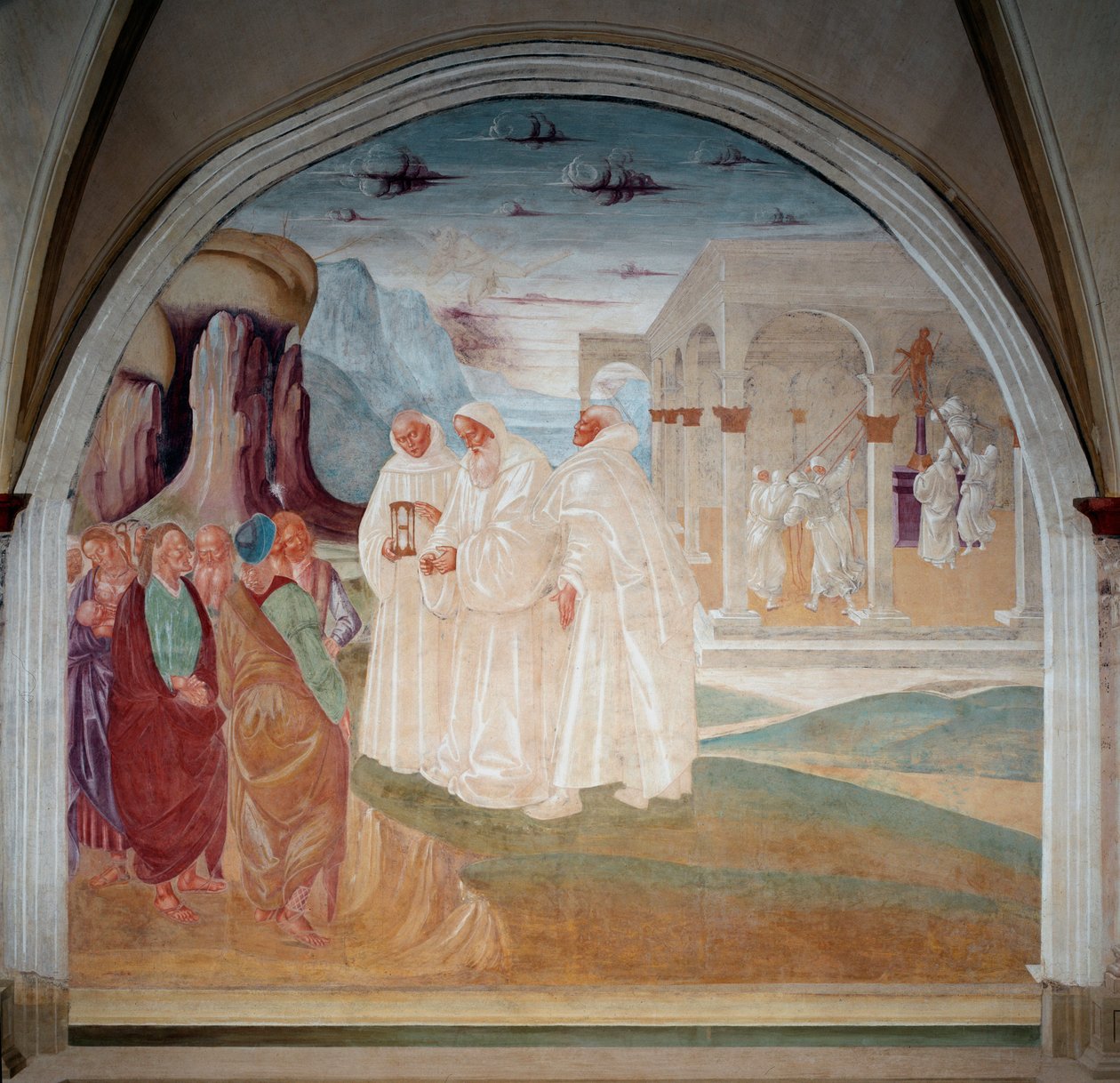 Sankt Benedikt evangeliserede indbyggerne i Monte Cassino, i baggrunden skyder munkene en statue af Apollo (Fresco) ned af Luca Signorelli