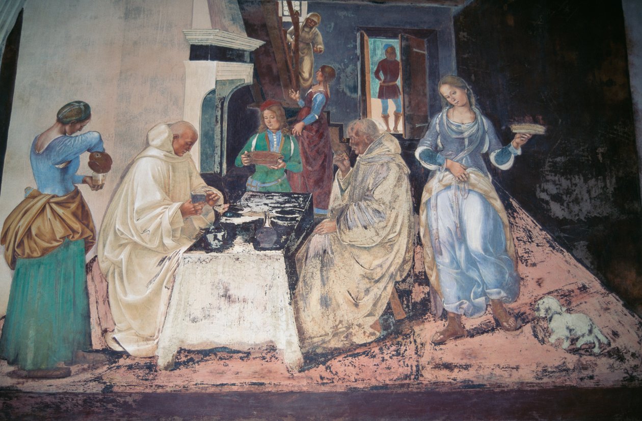 Sankt Benedikt irettesætter to munke, der har overtrådt reglen, scene fra historierne om Sankt Benedikt af Monte Oliveto Maggiore af Luca Signorelli