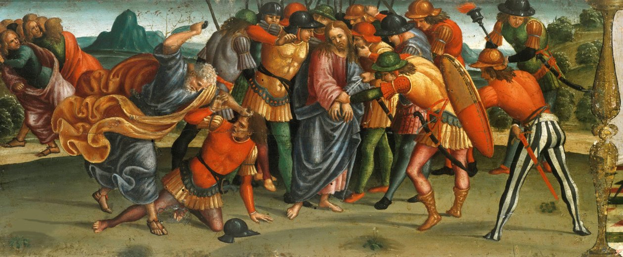 Kristi tilfangetagelse. Klagesang over den døde Kristus, Predella panel, 1502. af Luca Signorelli