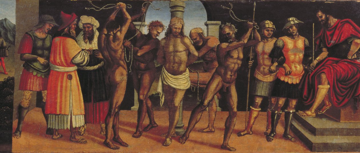 The Flagellation, detalje af predellapanelet fra Treenighedens altertavle med Madonna og Barn og SS. Augustine og Anastasius panel af Luca Signorelli