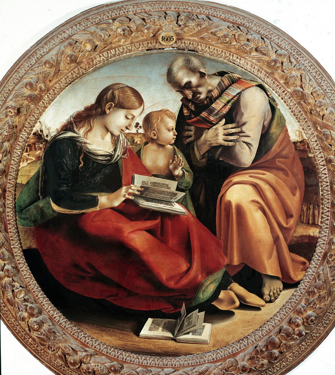 Den hellige familie. Maleri af Luca Signorelli (1450-1523), omkring 1495. Tondo. Olie på lærred. Diameter: 124 cm. Firenze, Uffizi-galleriet (Firenze, Uffizi-museet) af Luca Signorelli