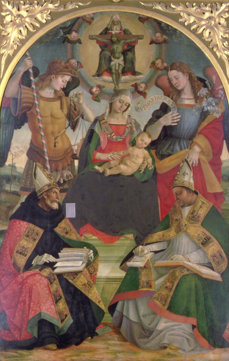Treenigheden, Madonna og barn, engle og hellige, ca. 1505-08 (olie på panel) af Luca Signorelli