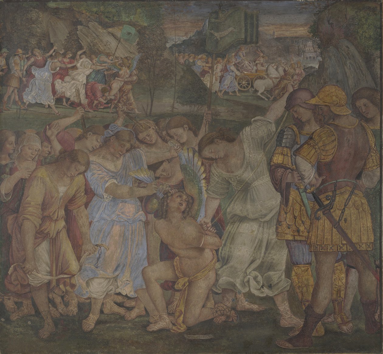 Kyskhedens triumf: Kærlighed afvæbnet og bundet fresker fra Palazzo del Magnifico, Siena, 1509 af Luca Signorelli