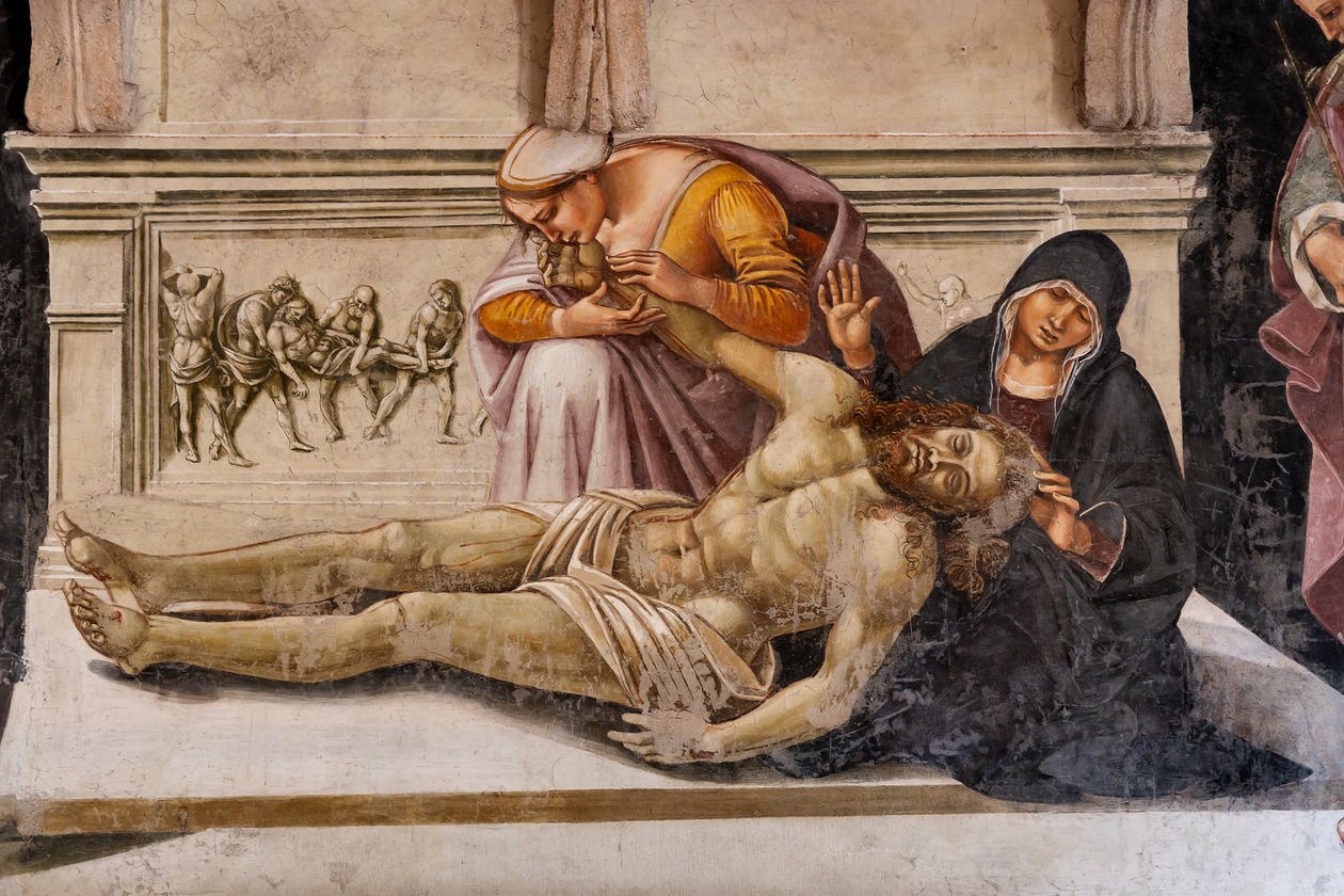 Interiøret, Chapel Nova eller Chapel of St. Brizio, Chapel of the Holy Legs: "Lamentation of the Dead Christ" mellem de to helgener i Orvieto (S. Parenzo til højre og S. Faustino til venstre), af Luca Signorelli af Luca Signorelli