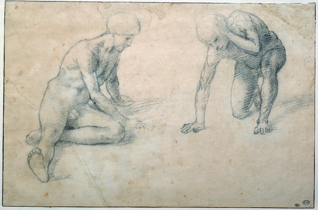 To nøgne mænd sidder på hug Tegning af Luca Signorelli (1441-1523) 1400-tallets søn. 0,31x0,7 m Paris, Musée du Louvre af Luca Signorelli