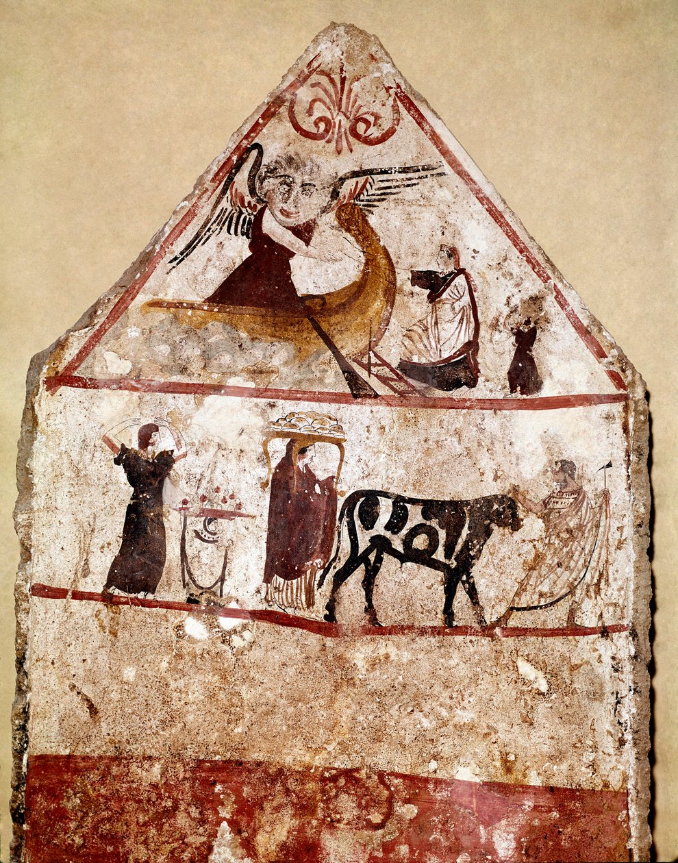 En tyr fører på alteret af offeret Lucanian fresco fra det 4. århundrede f.Kr., fra nekropolis Andriuolo i Paestum, Italien. Museo nazionale archeologico, Paestum af Lucanian School