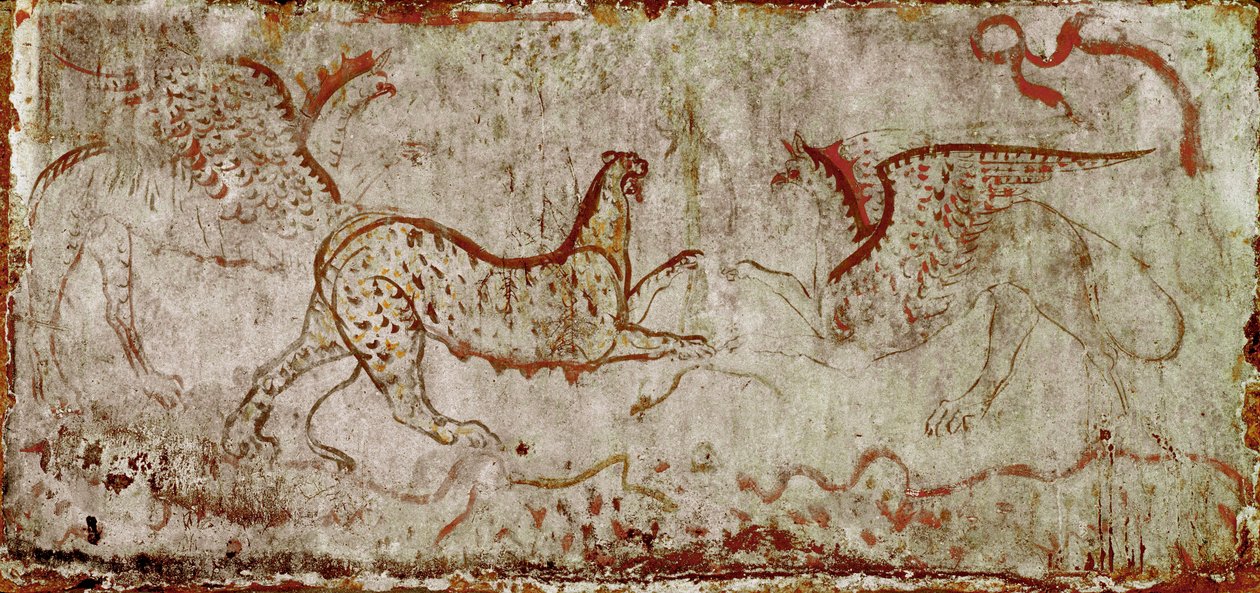 En kamp mellem en panter og en griffon Lucanian fresko fra det 4. århundrede f.Kr., fra Rytterens grav, Paestums nekropolis, Italien. Museo nazionale archeologico, Paestum af Lucanian School