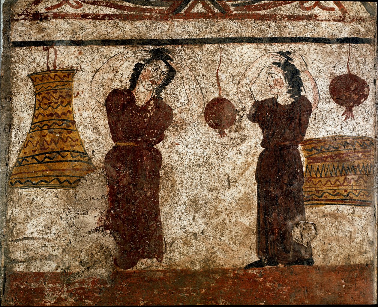 En gruppe dansere under en begravelsesritual Lucanian fresco fra det 4. århundrede f.Kr., fra nekropolis i Paestum, Italien. Museo nazionale archeologico, Paestum af Lucanian School