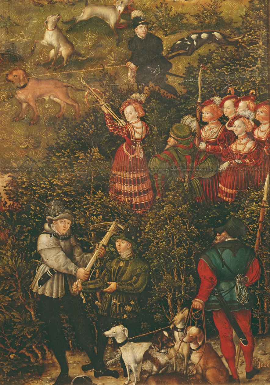 Kurfyrsten Sybille af Sachsen forbereder sig på at skyde med sin armbrøst ved Jagten til ære for kejser Charles V nær Hartenfels Slot, Torgau, 1544 (se også 38682, 498129,498131 og 7 af Lucas Cranach the Elder