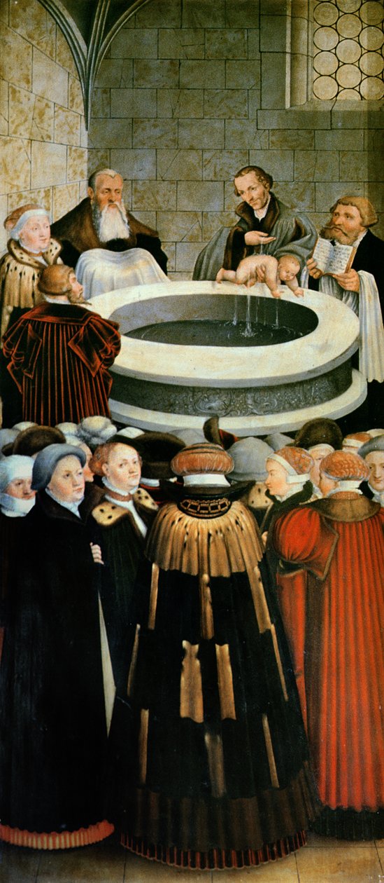 Triptykon, venstre panel, Philipp Melanchthon udfører en dåb assisteret af Martin Luther; midterpanelet, den sidste nadver med Luther blandt apostlene; højre panel, Luther afgiver sin tilståelse; Luther af Lucas Cranach the Elder