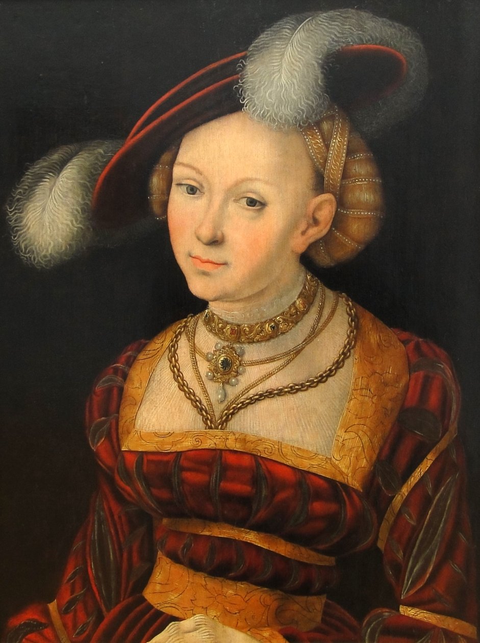 Kvindelig halvfigur med fjerhat af Lucas Cranach the Elder