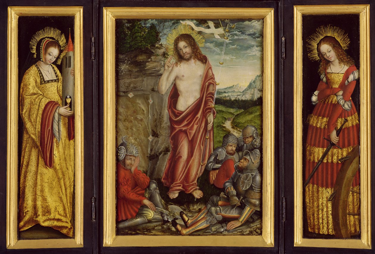 Lille bevinget alter med Kristi opstandelse, St. Barbara (venstre fløj) og St. Catharine (højre fløj), 1508-10 af Lucas Cranach the Elder