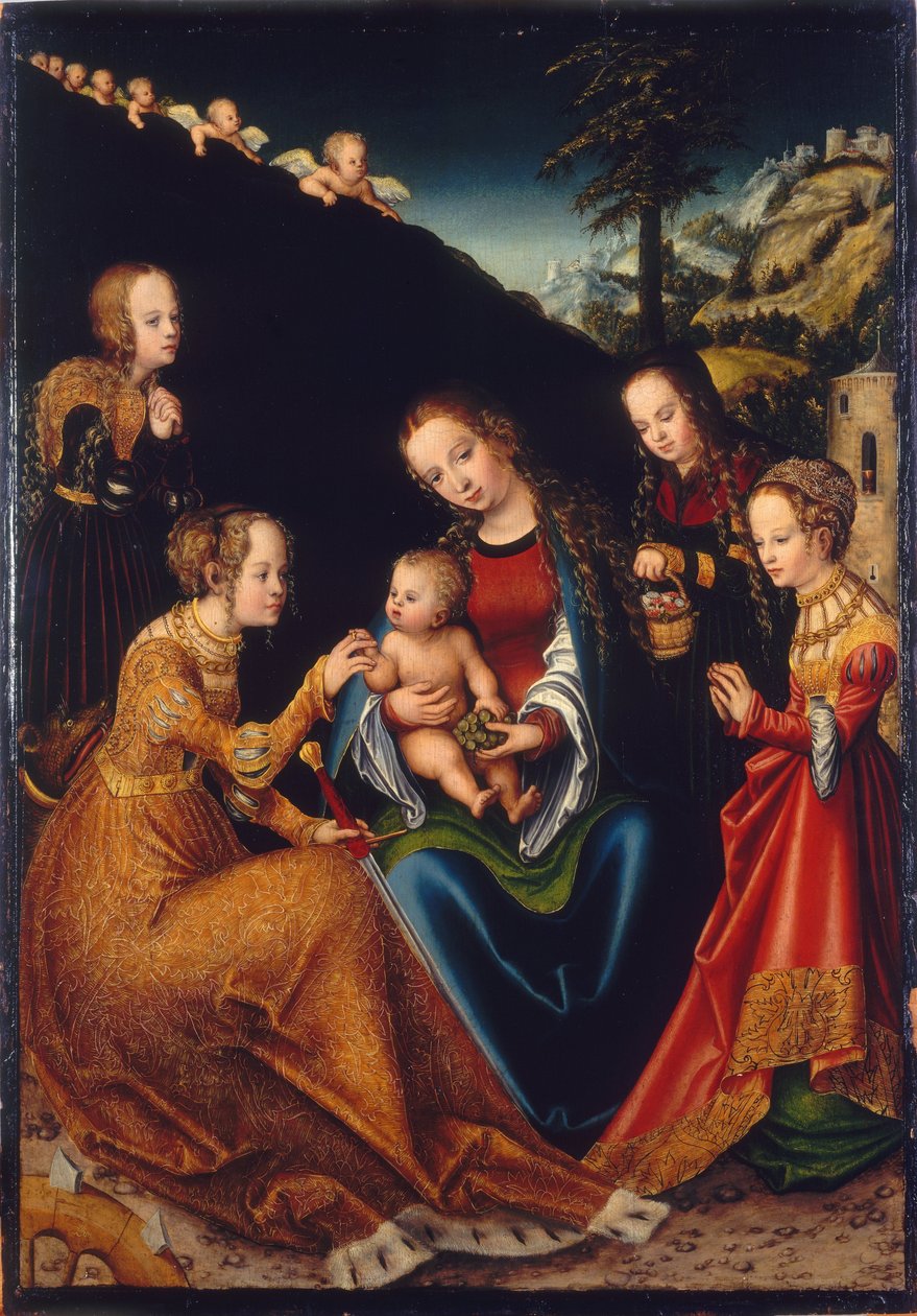 Det mystiske ægteskab med Saint Catherine of Alexandria med de hellige Dorothy, Margaret og Barbara af Lucas Cranach the Elder