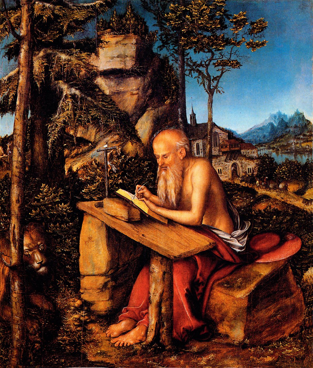 Saint Jerome i ørkenen / Saint Jerome skriver i et landskab af Lucas Cranach the Elder