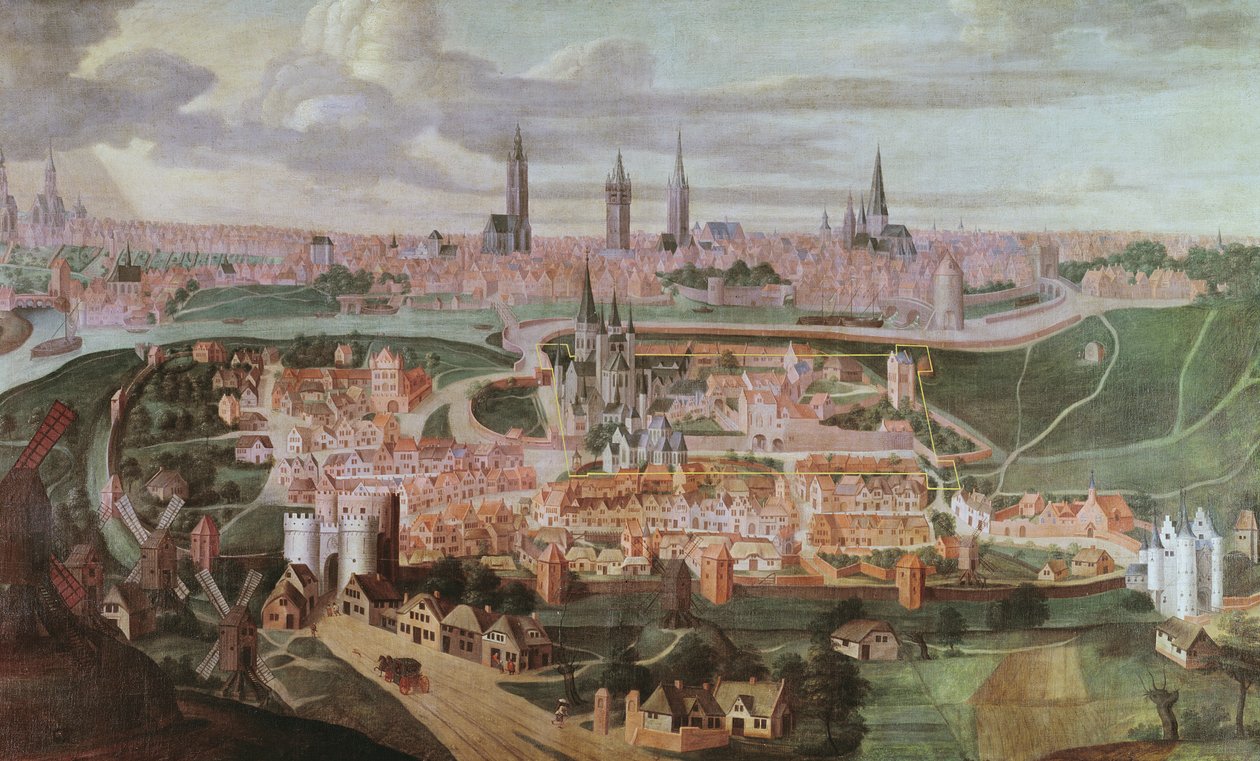 Panoramaudsigt over byen Gent i slutningen af det 16. århundrede af Lucas de Heere