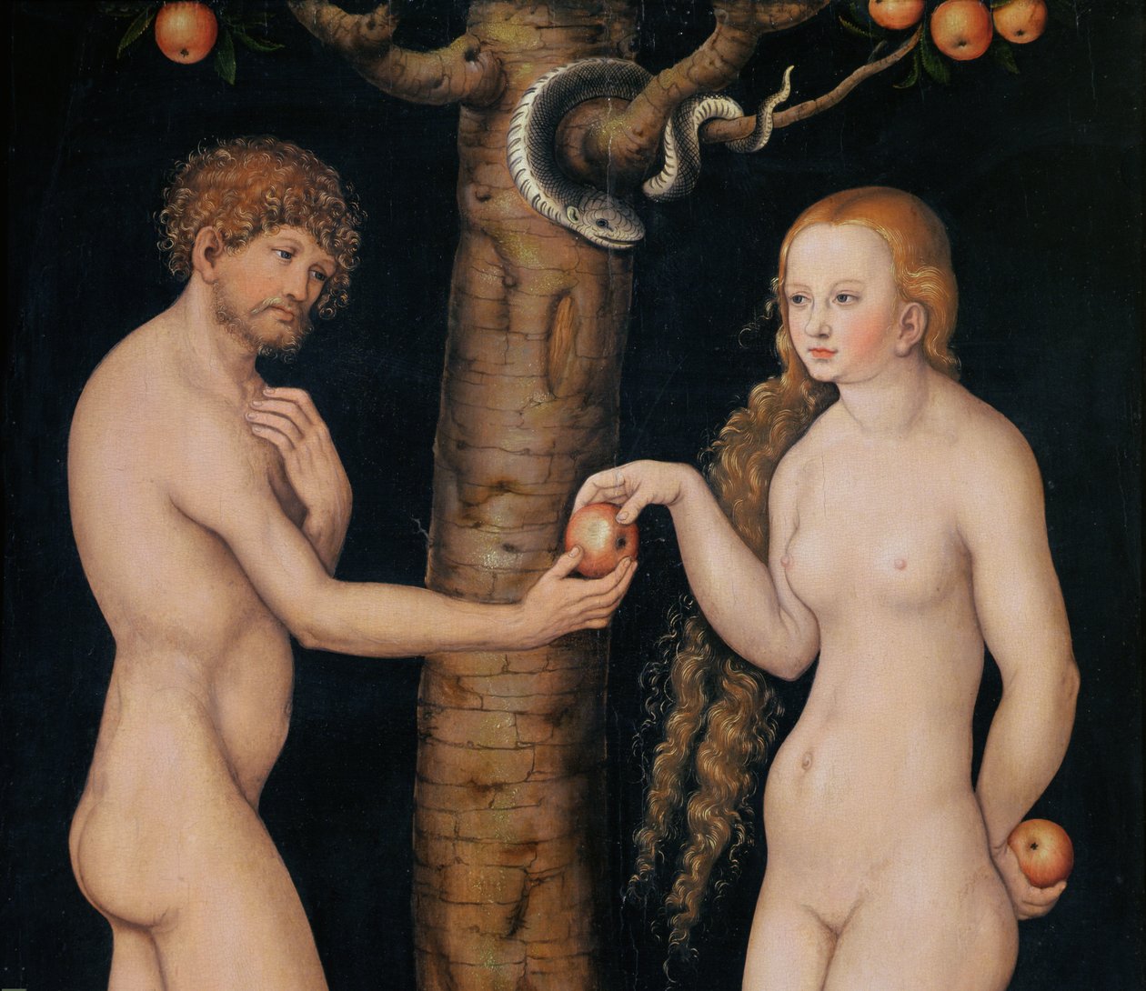 Eva tilbyder Adam æblet i Edens have, ca. 1520-25 olie på træ detalje af 407328 af Lucas Cranach the Elder