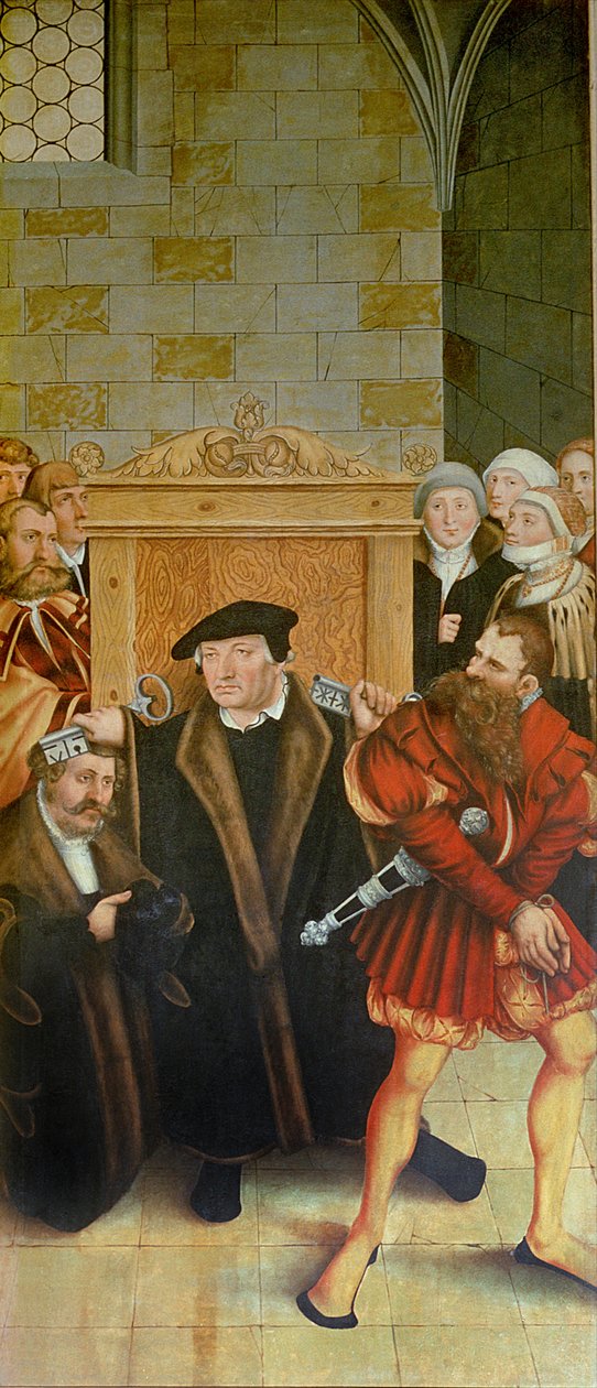Triptykon, venstre panel, Philipp Melanchthon udfører en dåb assisteret af Martin Luther; midterpanelet, den sidste nadver med Luther blandt apostlene; højre panel, Luther afgiver sin tilståelse; Luther af Lucas Cranach the Elder