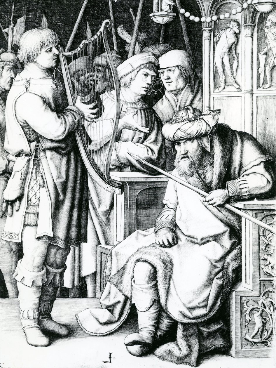 David spiller på harpe for Saul af Lucas van Leyden
