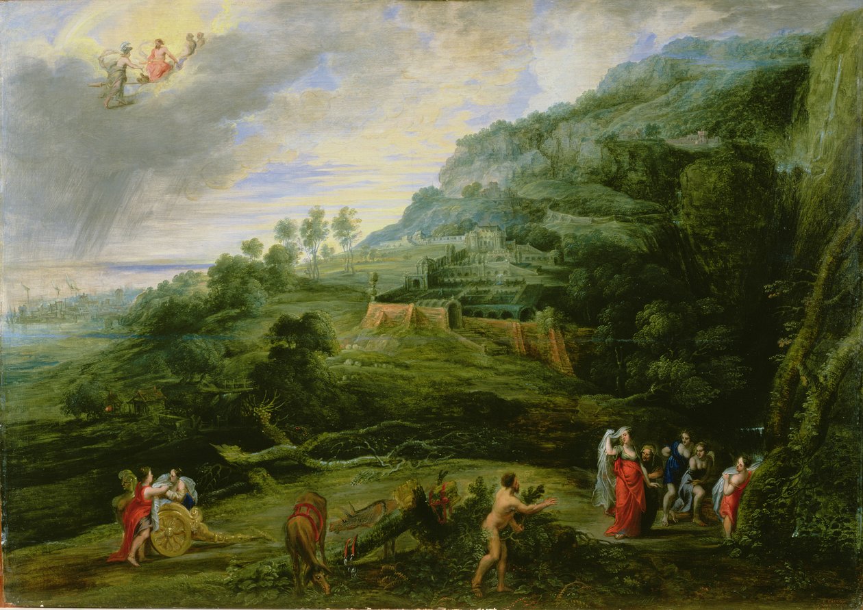 Ulysses og Nausicaa, 1635 (olie på egetræspanel) af Lucas van Uden