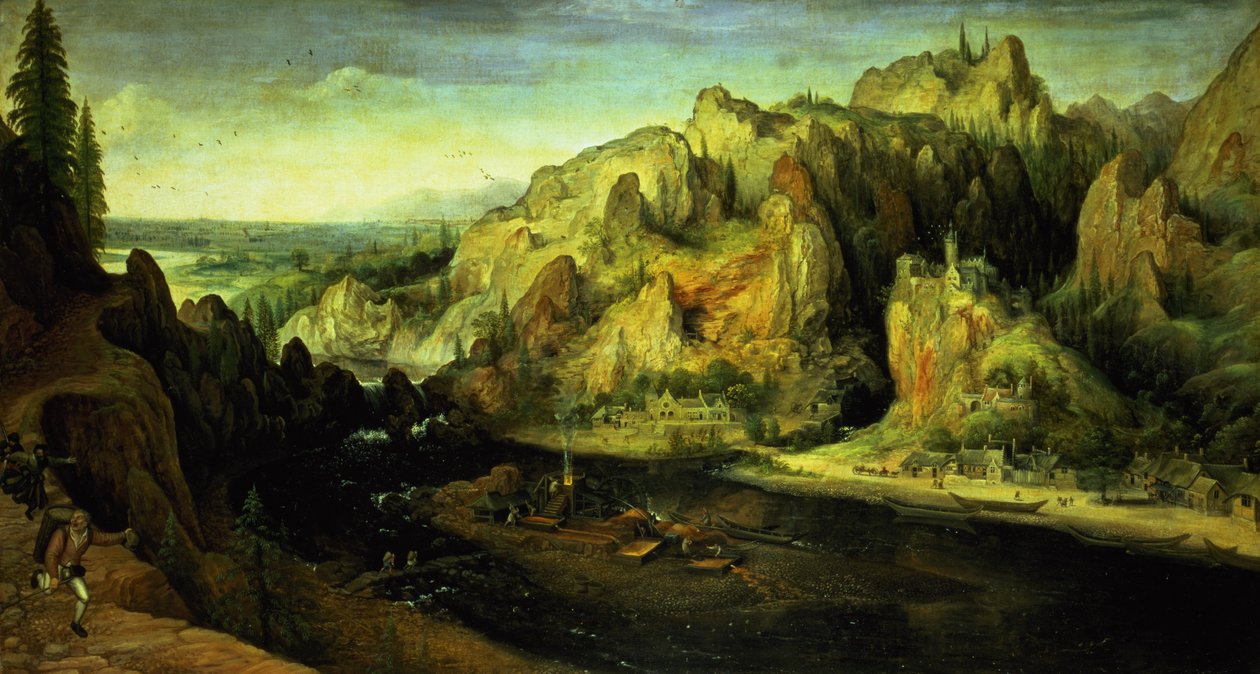 Bjerglandskab med et overraskelsesangreb, ca. 1585 af Lucas van Valckenborch