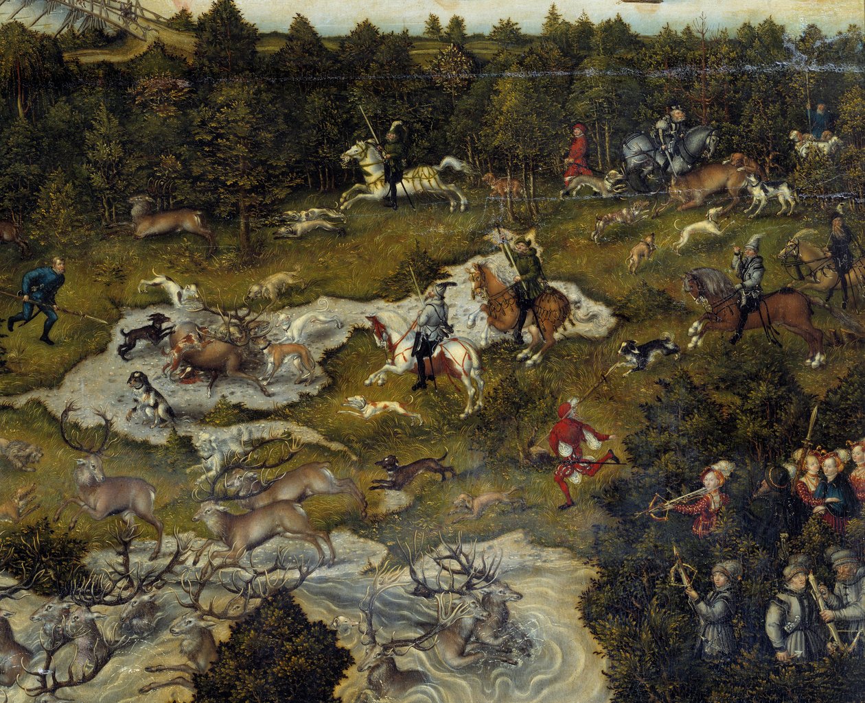 Hunting in honor of Charles V at Torgau Castle in Germany Hunting deer. Detail. Painting by Lucas Cranach the Elderdani af Lucas Cranach
