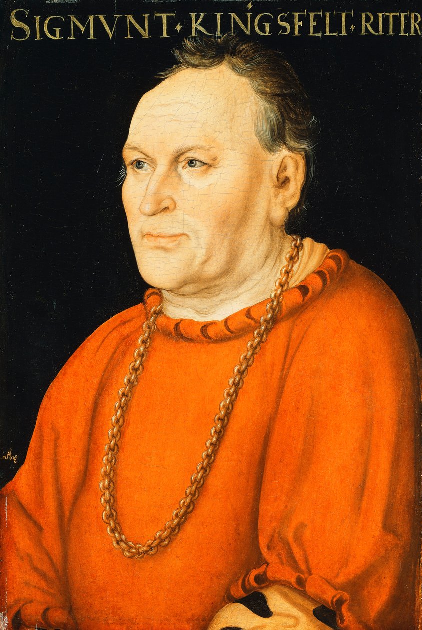 Portræt af Sigmunt Kingsfelt, halvlangt, iført rødt kostume, af Lucas Cranach