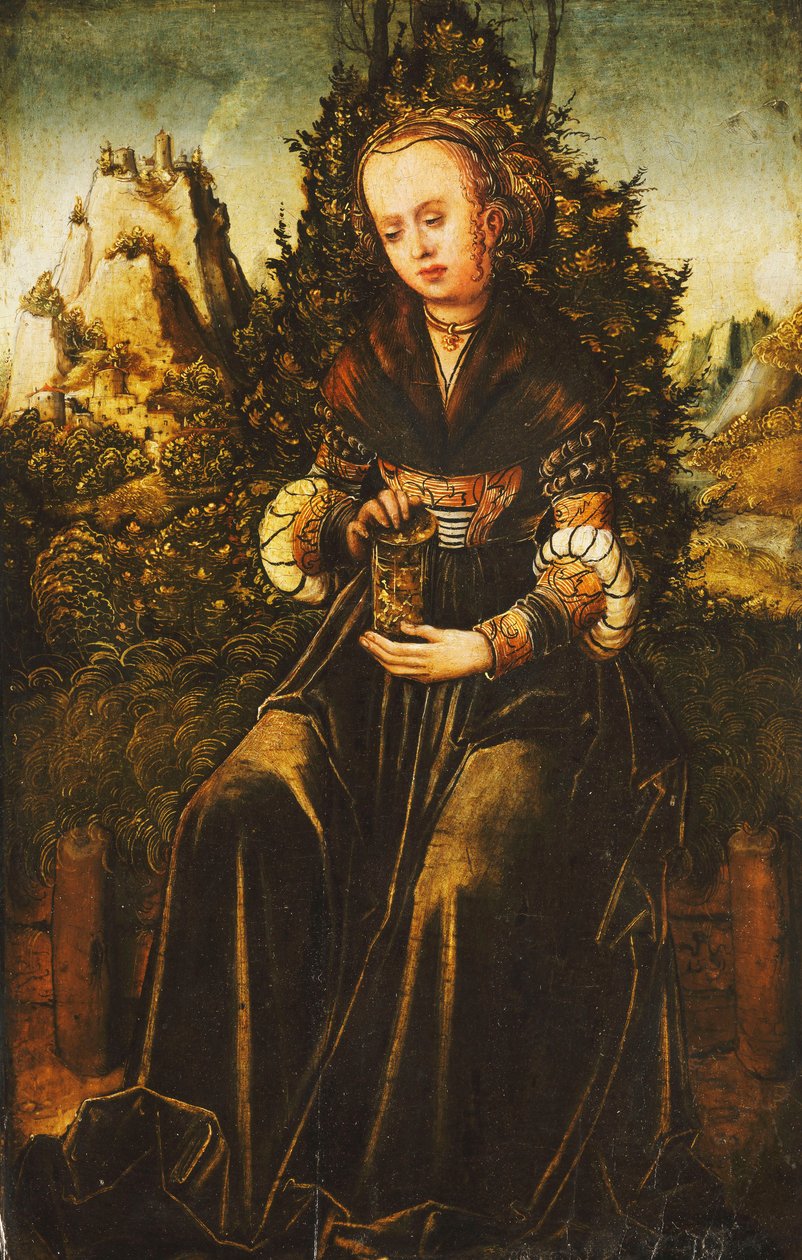 Saint Mary Magdalen siddende på en græskant i et bjergrigt landskab, af Lucas Cranach