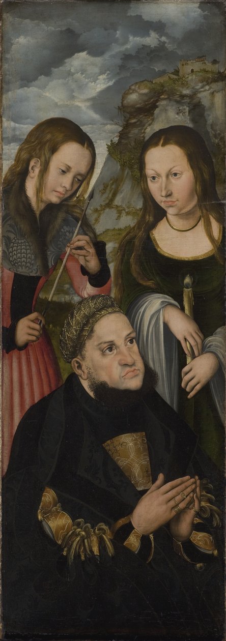 Valgmanden Frederic the Wise of Sachsen (1463-1525) med de hellige Ursula (til venstre) og Genevieve (til højre) af Lucas Cranach d.Æ.