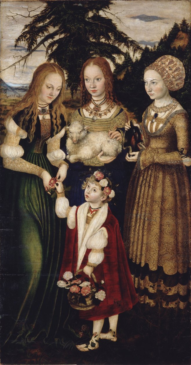 Altertavle med Saint Catharines martyrium, venstre fløj: De hellige Dorothea, Agnes og Cunigund af Lucas Cranach the Elder