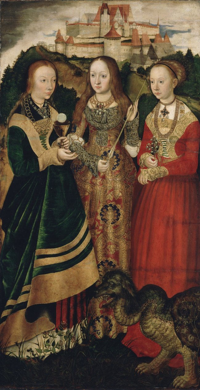 Altertavle med Saint Catharines martyrium, højre fløj: Den hellige Barbara, Ursula og Margaret af Lucas Cranach the Elder