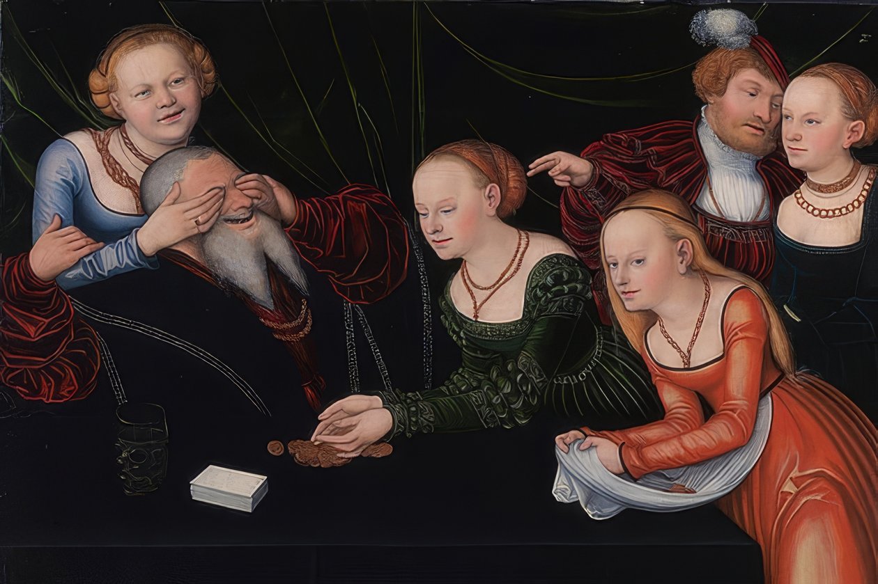 Gammel mand forhekset af kurtisaner. Omkring 1537 af Lucas Cranach the Elder