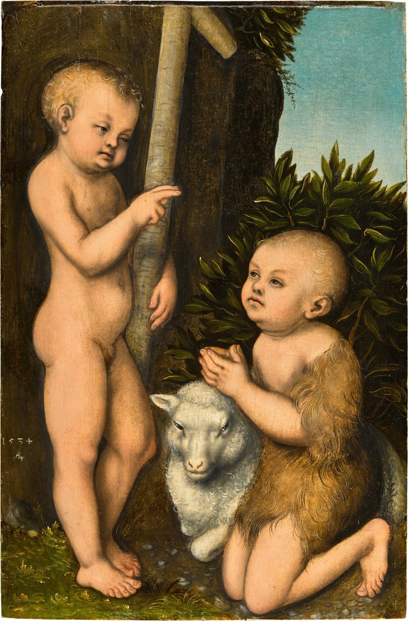 Tysk: Der Christusknabe und der ihn adoring Johannesknabe / Kristus og Johannes Døberen som drenge Den unge Kristus tilbedt af Johannes Døberen af Lucas Cranach the Elder