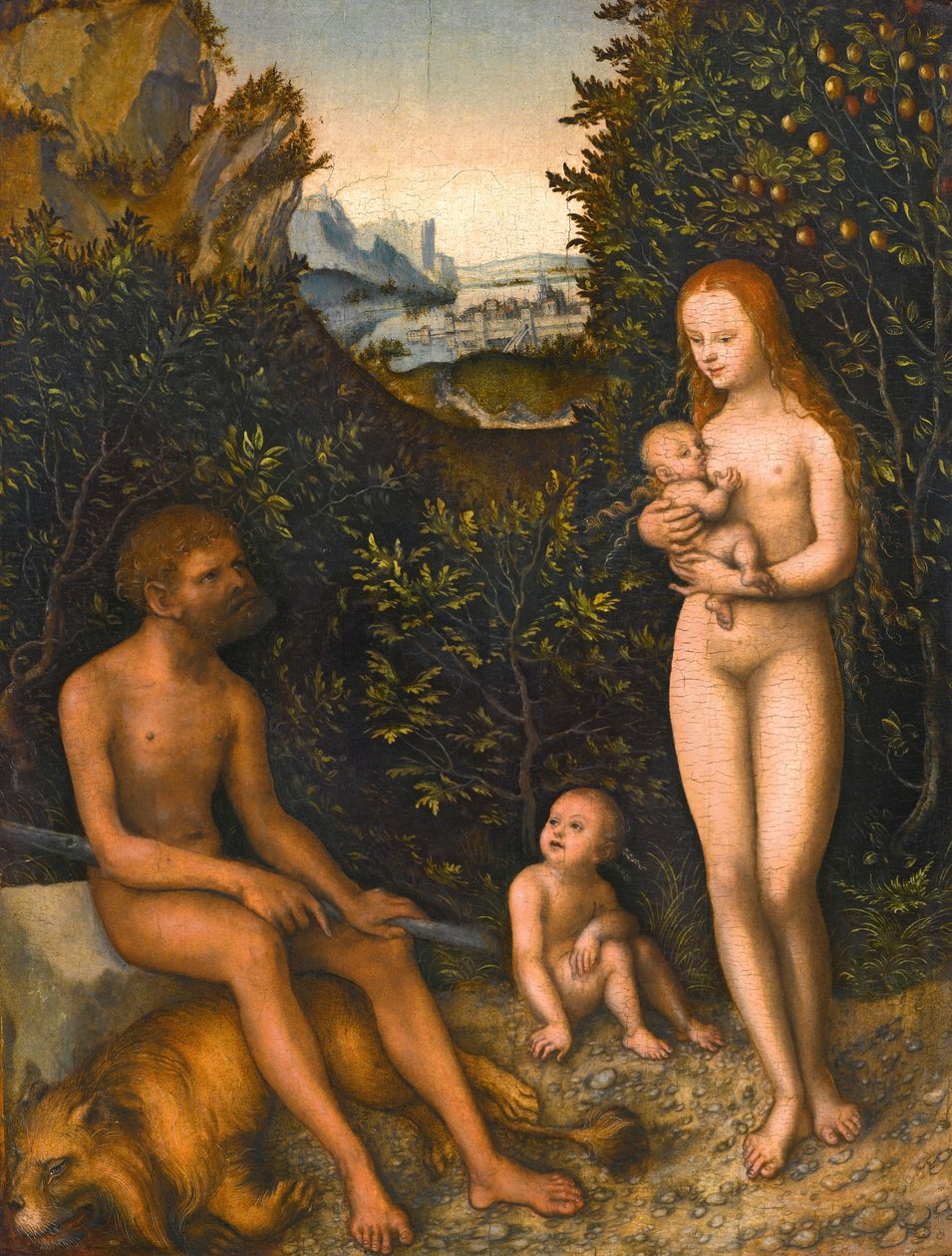 Tysk: Faun-familien med dræbt løve Faun-familien af Lucas Cranach the Elder