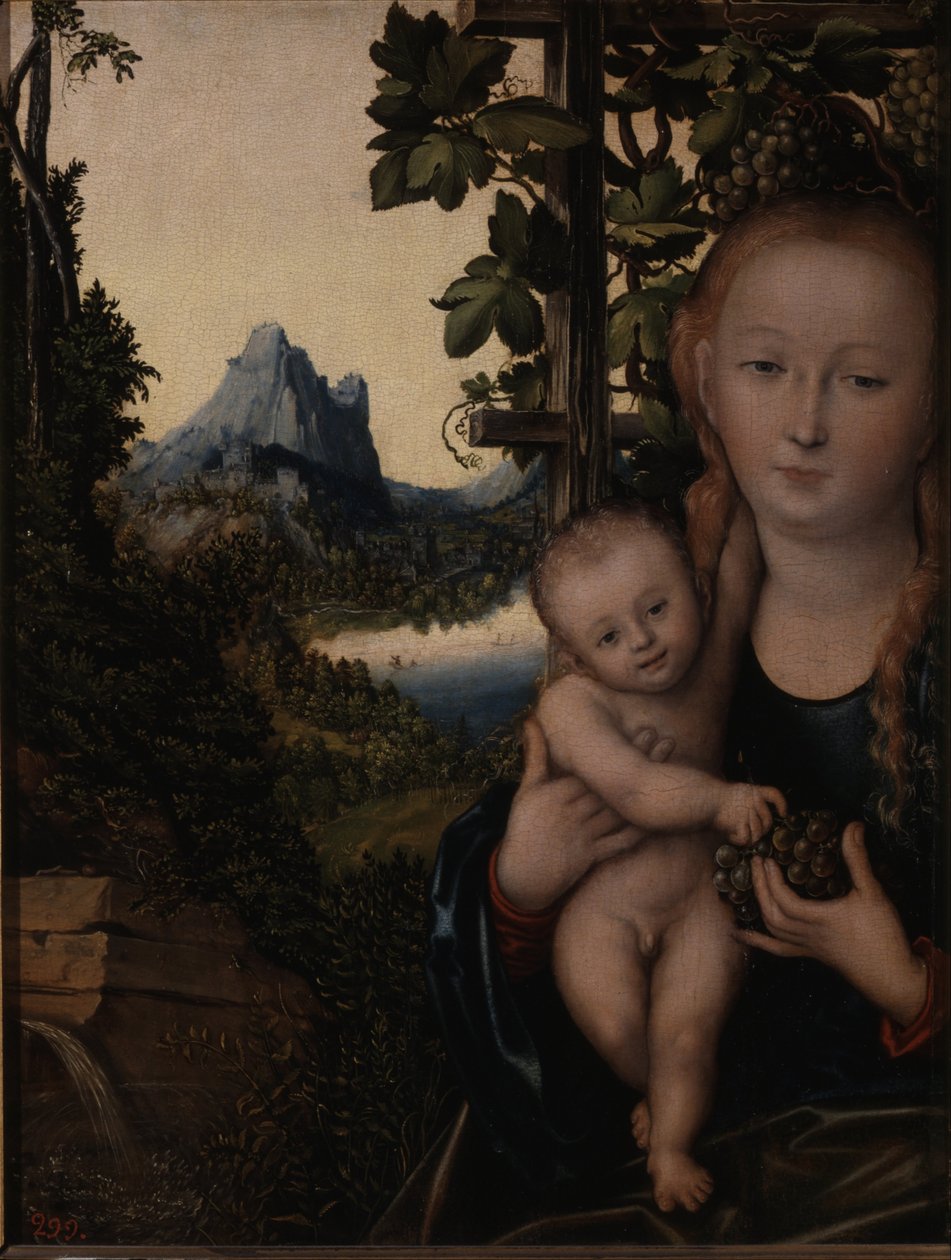 Tysk: Die Madonna vor der Weinlaube Jomfruen i en drueklase af Lucas Cranach the Elder