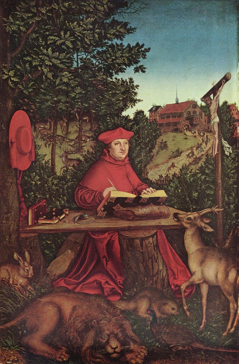 Tysk: Kardinal Albrecht von Brandenburg (1490-1545) som Heiliger Hieronymus Kardinal Albrecht af Brandenburg (1490-1545) som Saint Jerome af Lucas Cranach the Elder