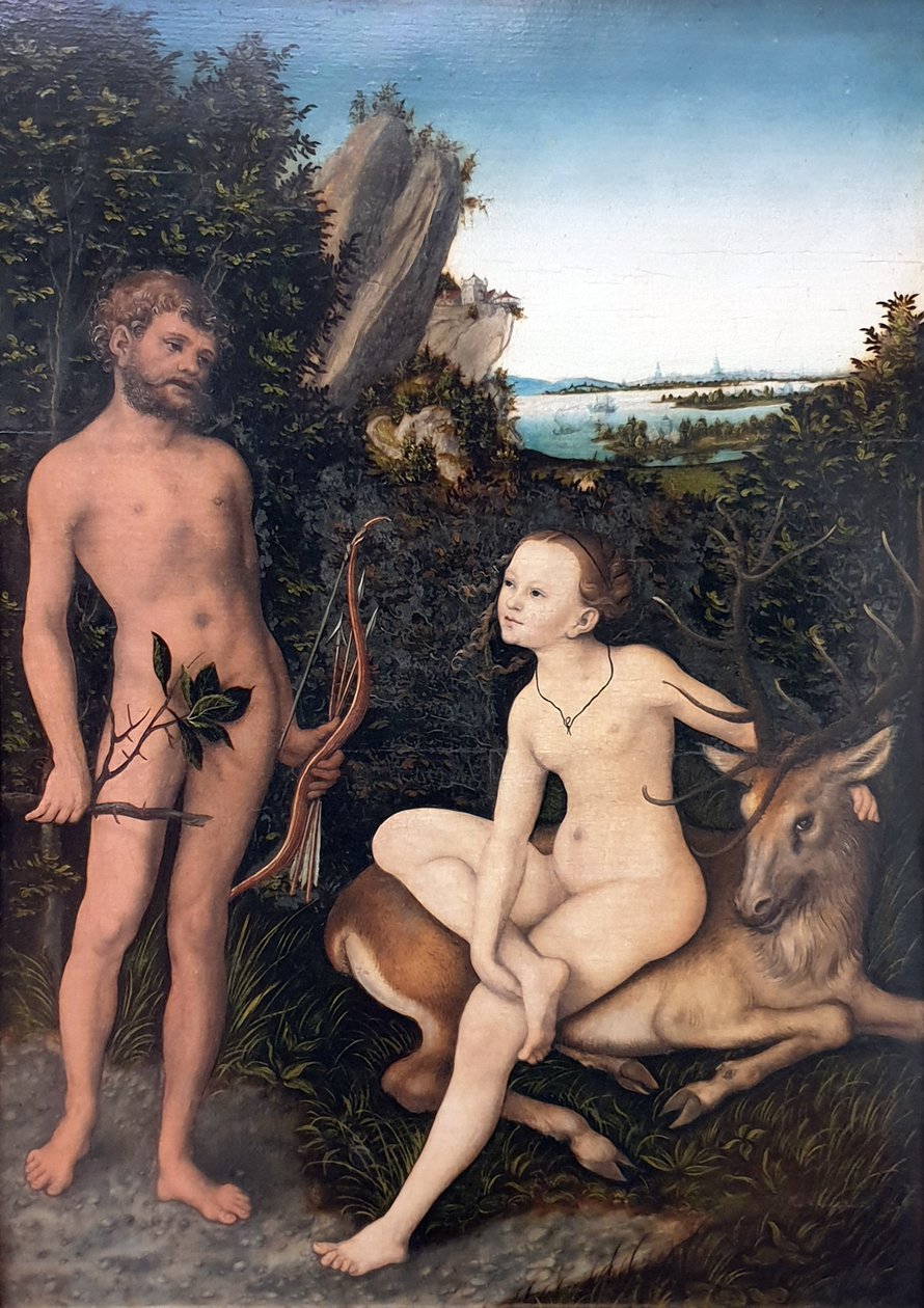 Tysk: Landschaft mit Apoll und Diana Apollo and Diana in wooded landscape af Lucas Cranach the Elder