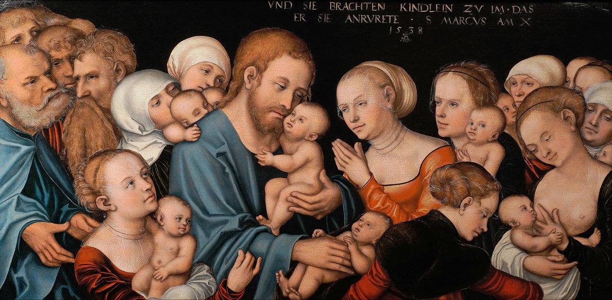 Tysk: Lasset die Kindlein zu mir kommen (Christus segnet die Kinder) Lad de små børn komme til mig (Kristus velsigner børnene) af Lucas Cranach the Elder