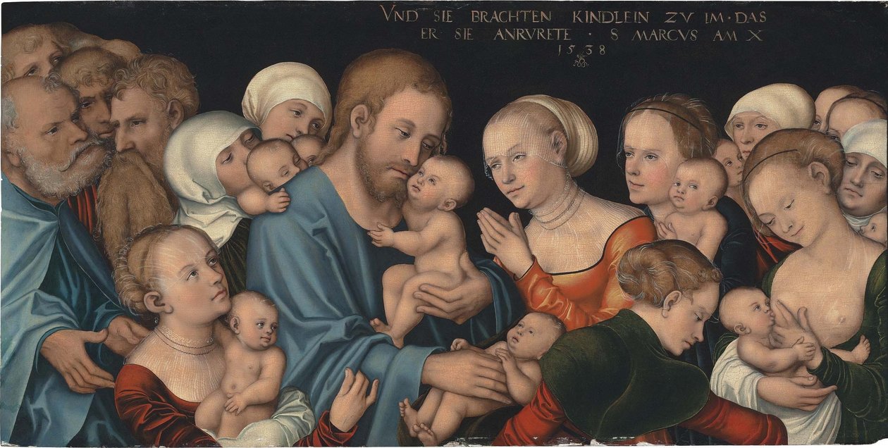 Tysk: Lasset die Kindlein zu mir kommen (Christus segnet die Kinder) Lad de små børn komme til mig (Kristus velsigner børnene) af Lucas Cranach the Elder