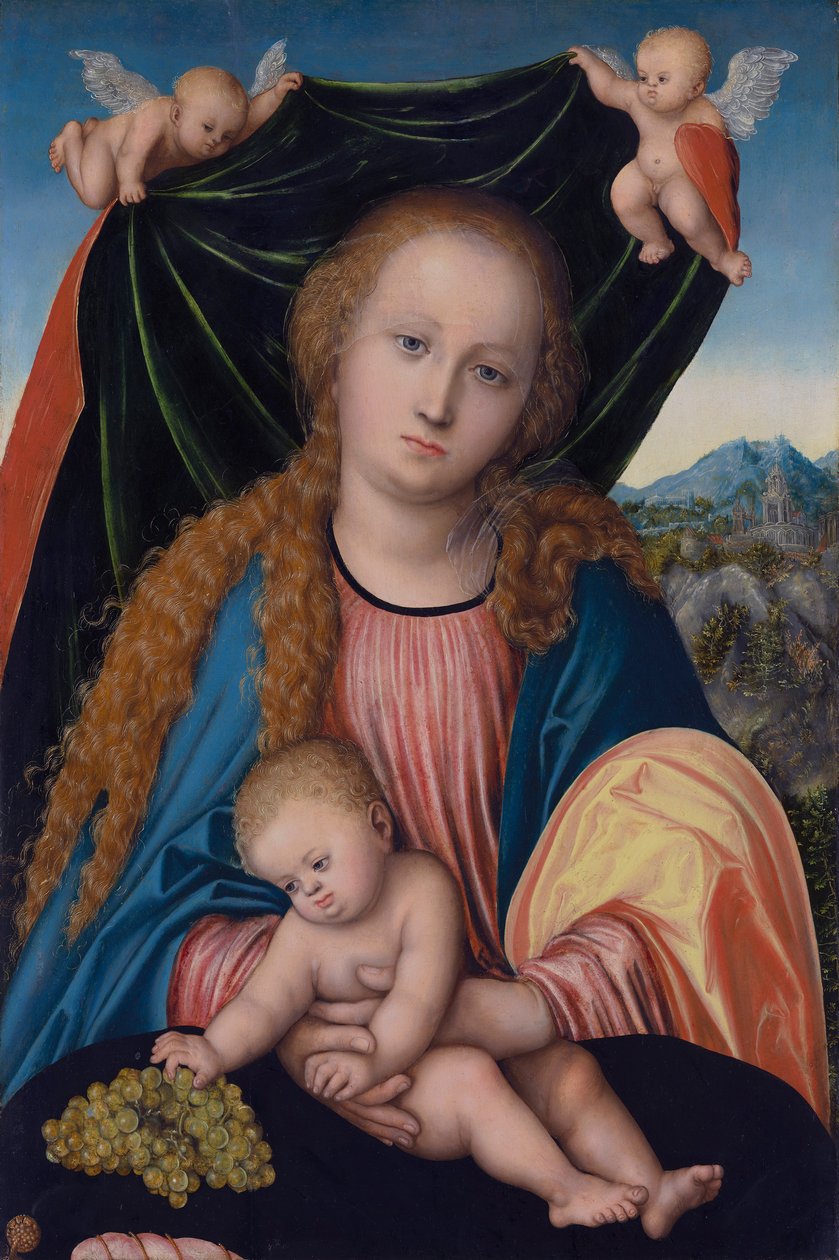 Tysk: Madonna med barn og druer, To engle holder et forhæng Jomfru og barn af Lucas Cranach the Elder