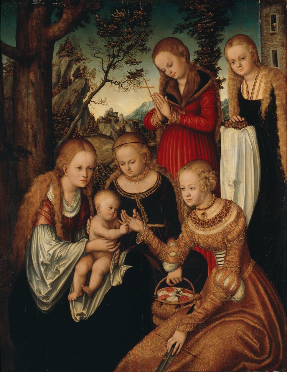 Tysk: Maria mit dem Jesusknaben und den Heiligen Katharina, Dorothea, Margaretha und Barbara (Sogenannte 