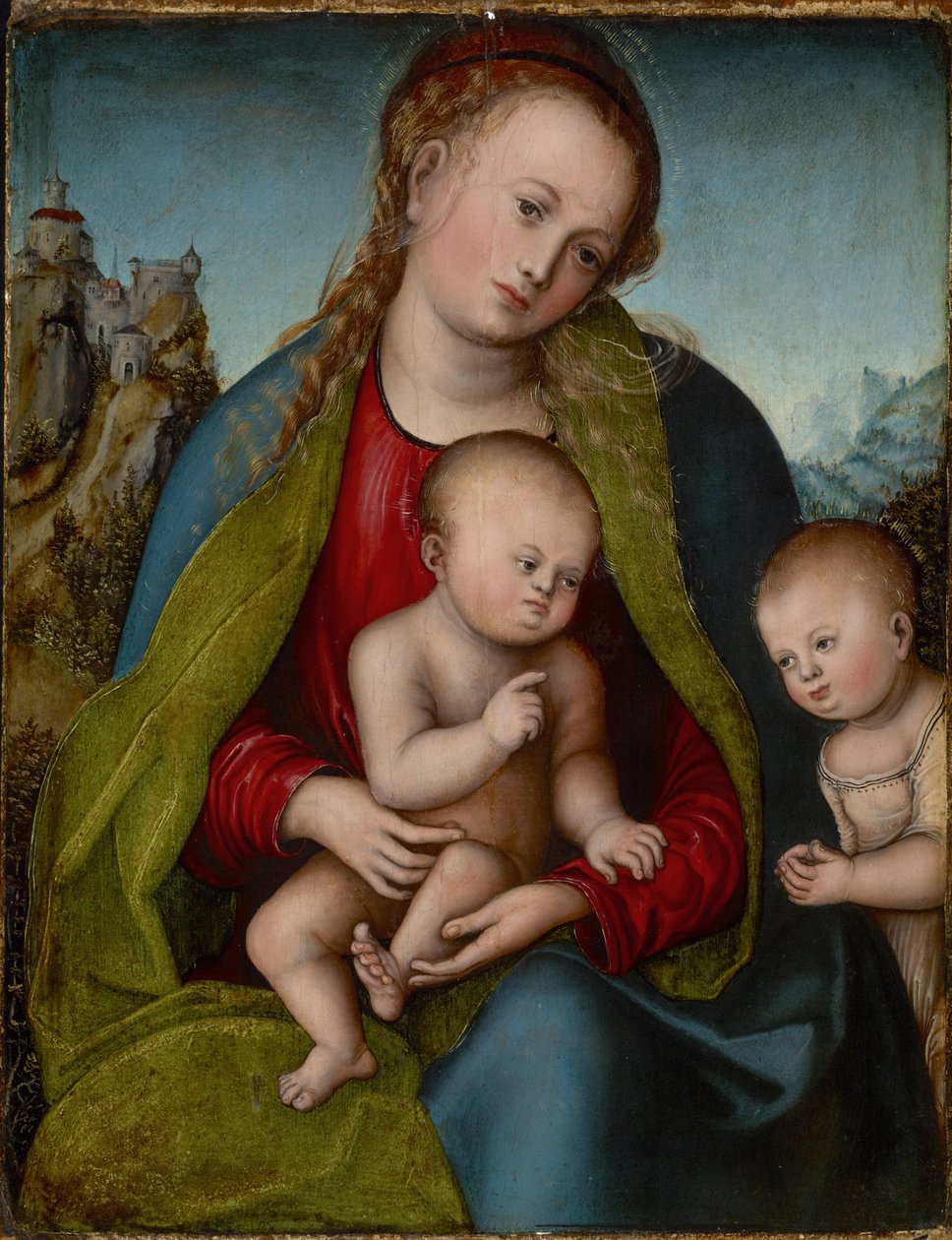 Tysk: Maria mit dem Kinde und dem anbetenden Johannesknaben Jomfru og barn tilbedt af Johannes Døberen som dreng af Lucas Cranach the Elder