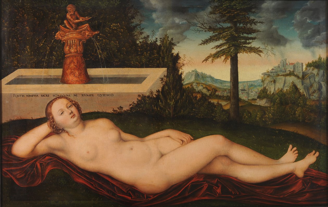 Tysk:  Quellnymphe am Brunnen En nymfe ved et springvand af Lucas Cranach the Elder