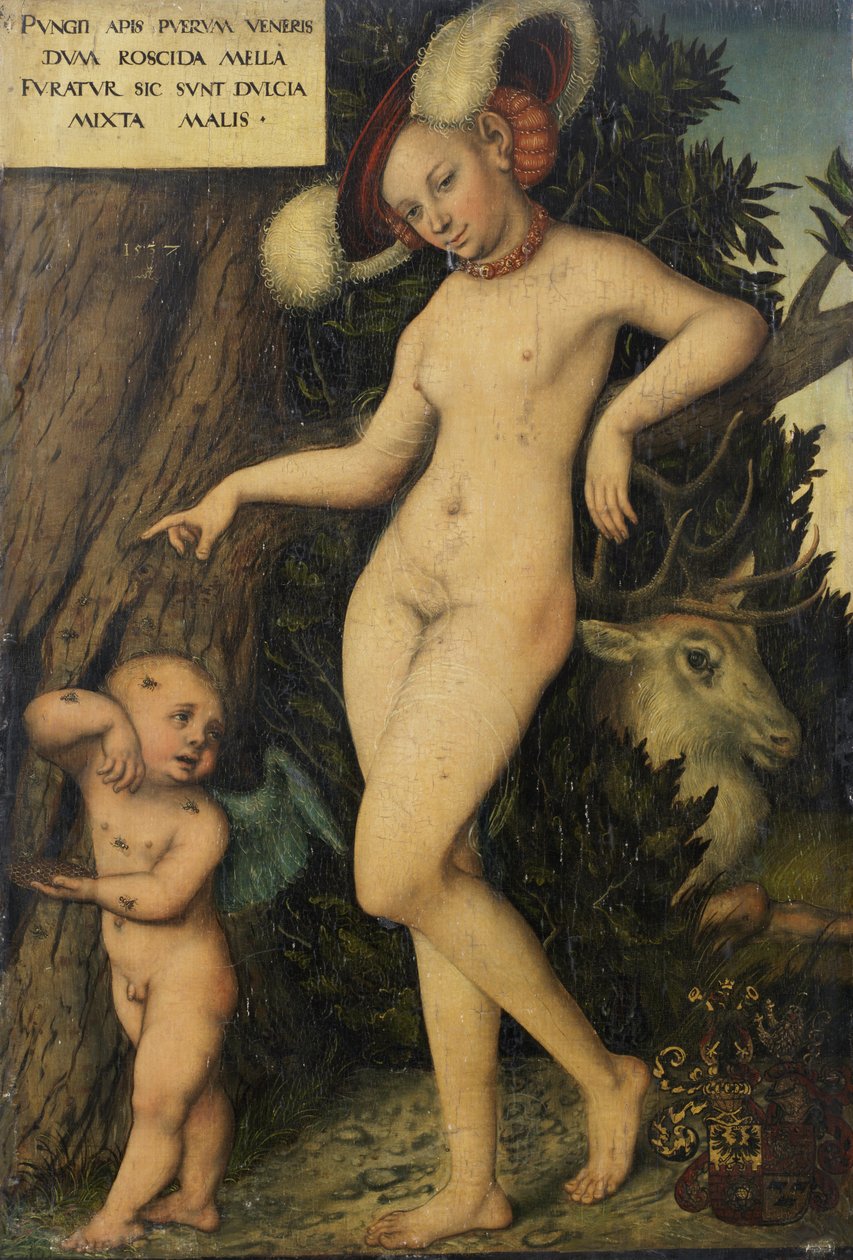 Tysk: Venus mit Amor als Honigdieb Venus med Amor, der stjæler honning af Lucas Cranach the Elder