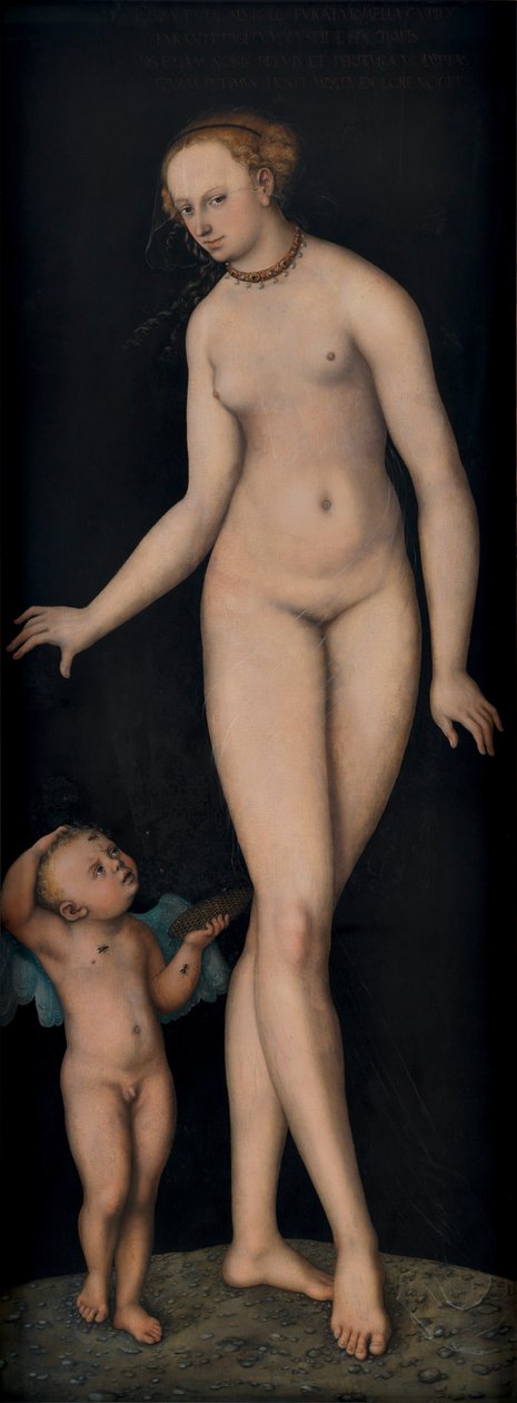 Tysk: Venus mit Amor als Honigdieb vor schwarzem Grund Venus med Amor som honningtyv mod en sort baggrund af Lucas Cranach the Elder