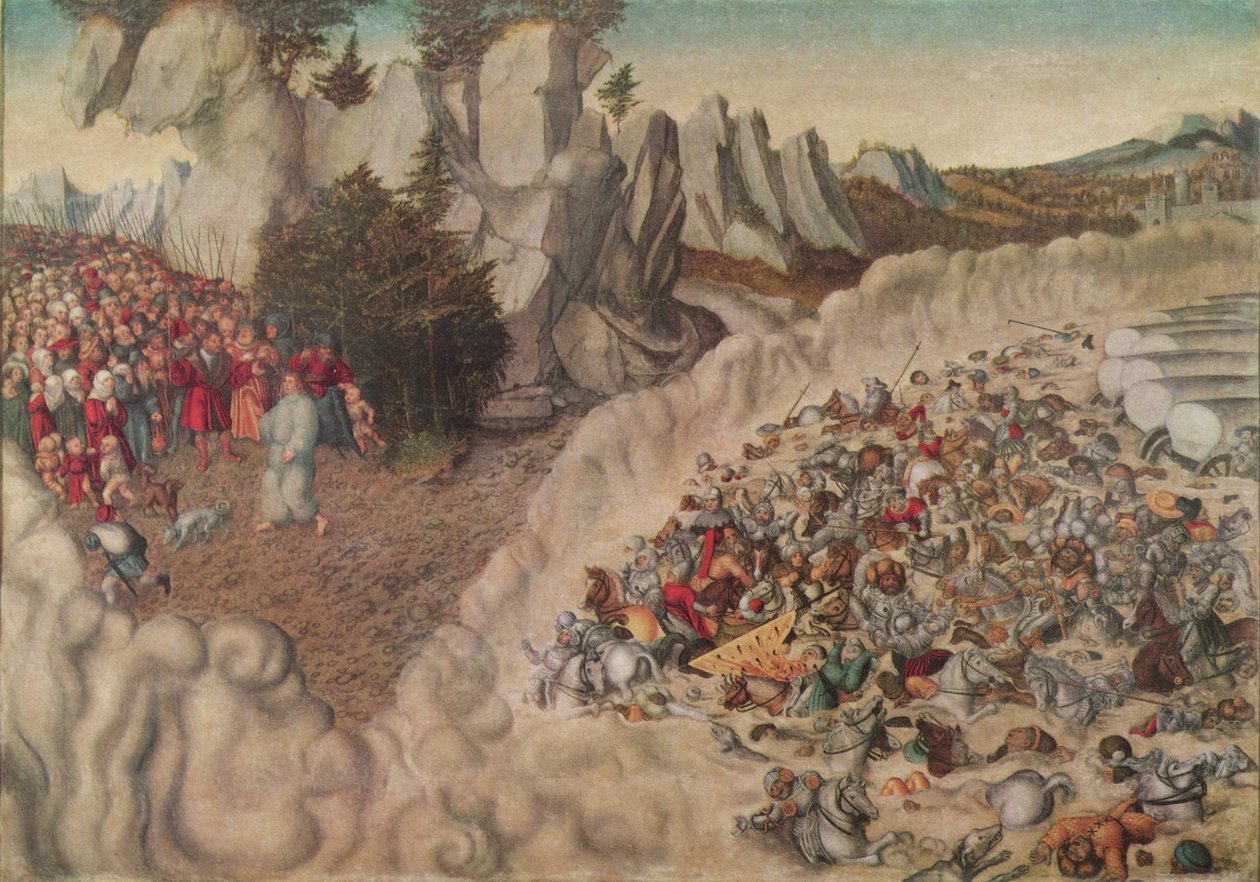 Tysk: Zug der Israeliten durch das Rote Meer (Untergang des Pharao) Faraos hære opslugt i Det Røde Hav af Lucas Cranach the Elder