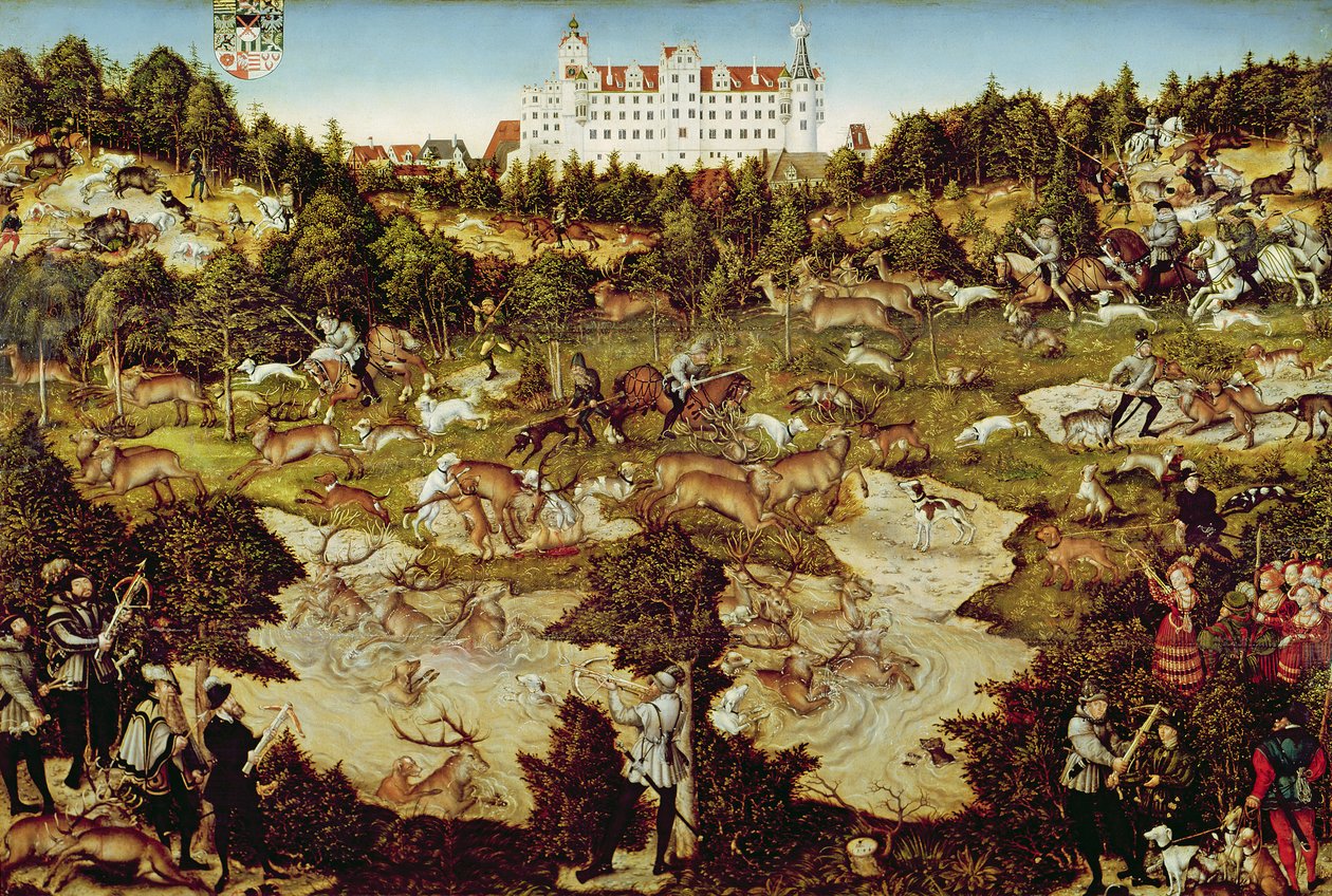 Jagt til ære for kejser Karl 5. nær slottet Hartenfels, Torgau, 1544 (se også 498131, 72409 og 498129) af Lucas Cranach the Elder