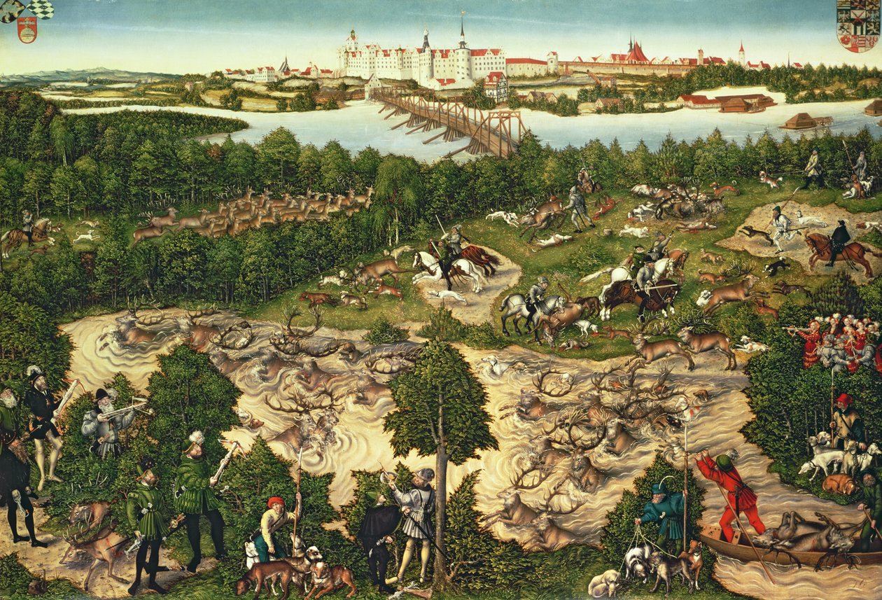 Jagt til ære for kejser Karl 5. nær slottet Hartenfels, Torgau, 1544 (se også 498131, 38682 og 498129) af Lucas Cranach the Elder