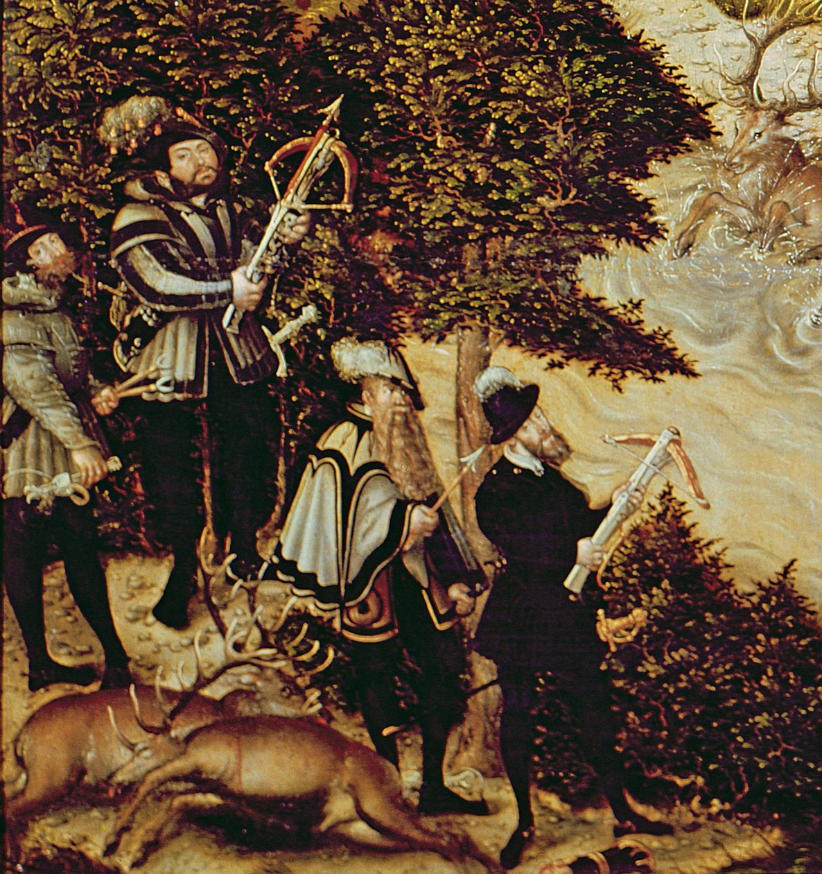 Johann Friedrich den Storsindede, kurfyrst af Sachsen og kejser Karl V på jagt efter hjorte nær Hartenfels Slot, Torgau, 1544 (detaljer fra 38682) af Lucas Cranach the Elder